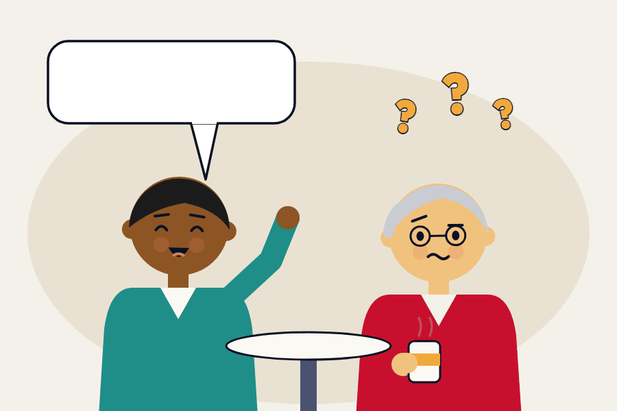 Two professionals talk about qubits while question marks float above them